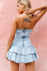 Cathlin Strapless Gold Button Detail Dress Washed Blue