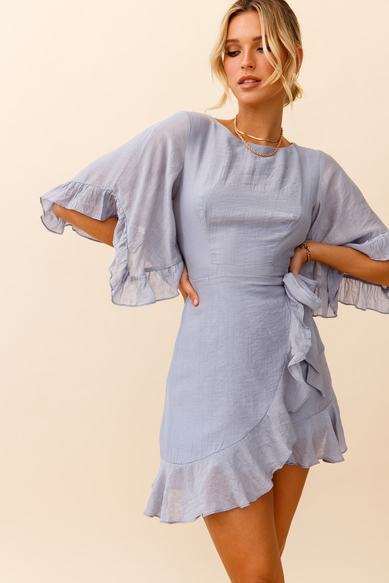 Make It Happen Flared Sleeve Ruffle Trim Dress Steel Blue