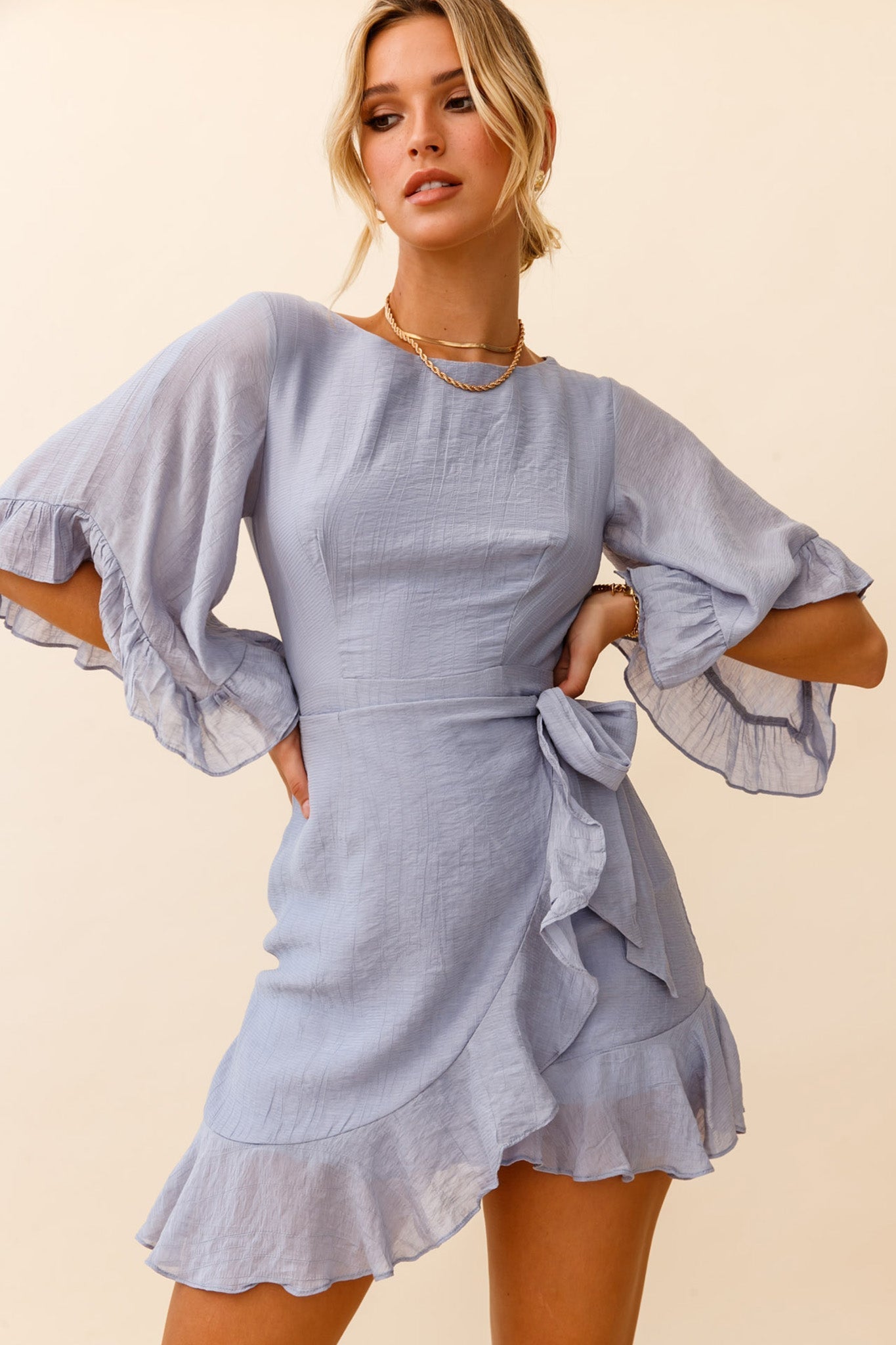 Make It Happen Flared Sleeve Ruffle Trim Dress Steel Blue