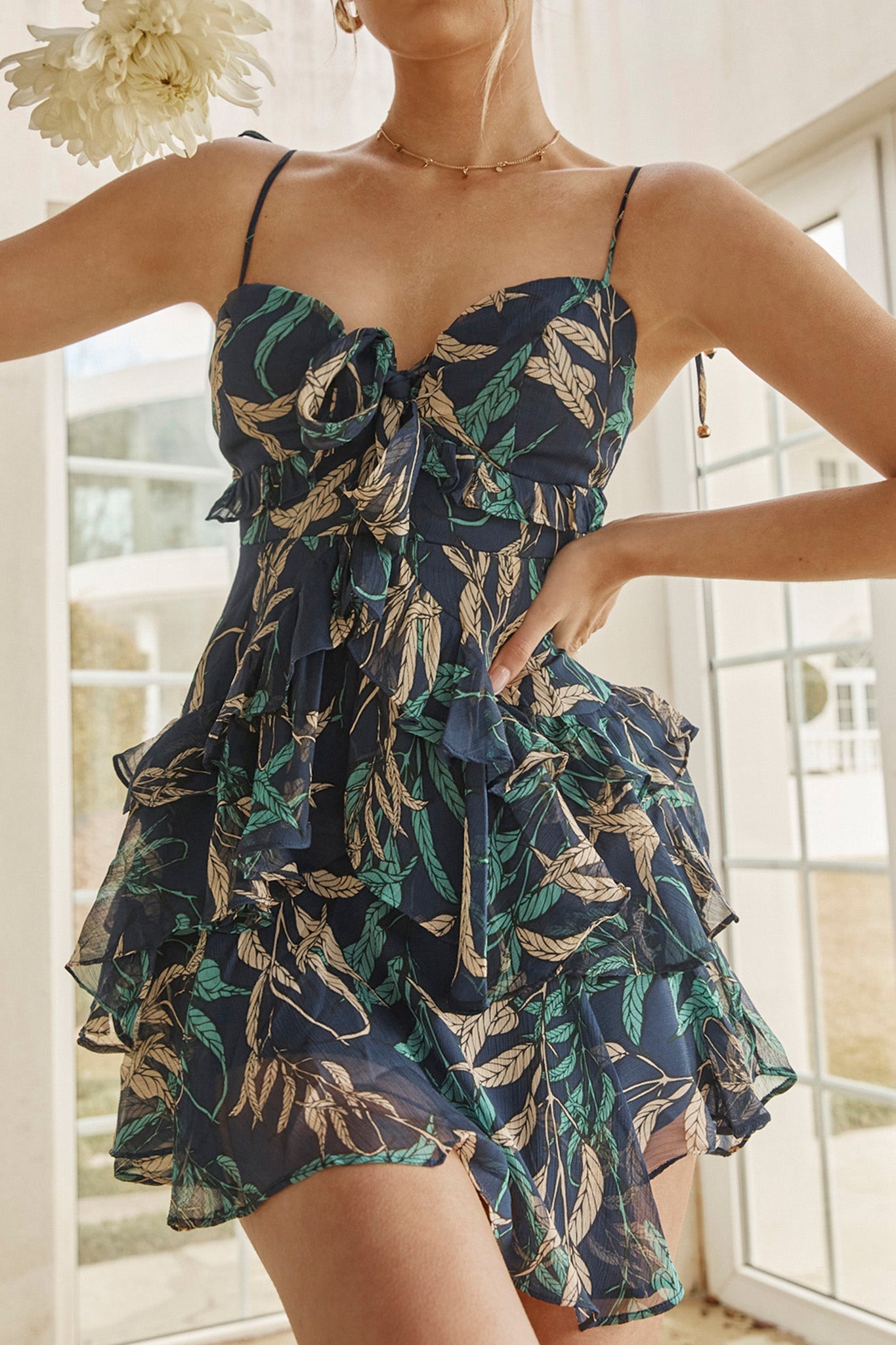 Flower Child Bust Tie Ruffle Trim Dress Leaf Print Navy