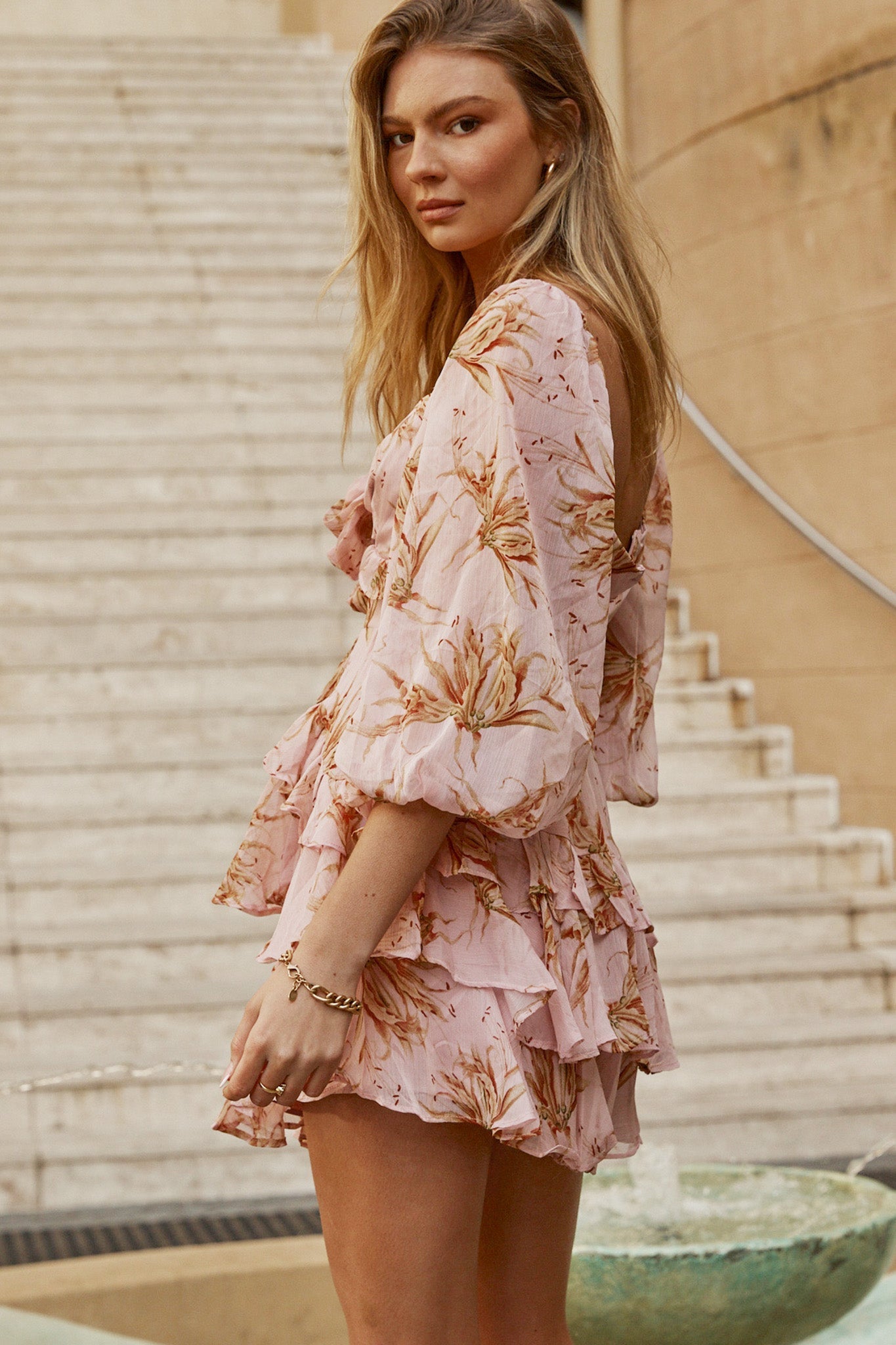 Flower Child Three Quarter Sleeve Bust Tie Ruffle Dress Lily Print Pink