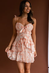 Flower Child Bust Tie Ruffle Trim Dress Floral Peach