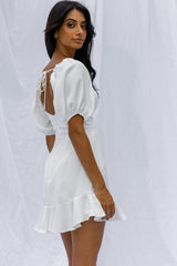 Catch Feelings Sweetheart Neckline Puff Sleeve Dot Trim Dress White