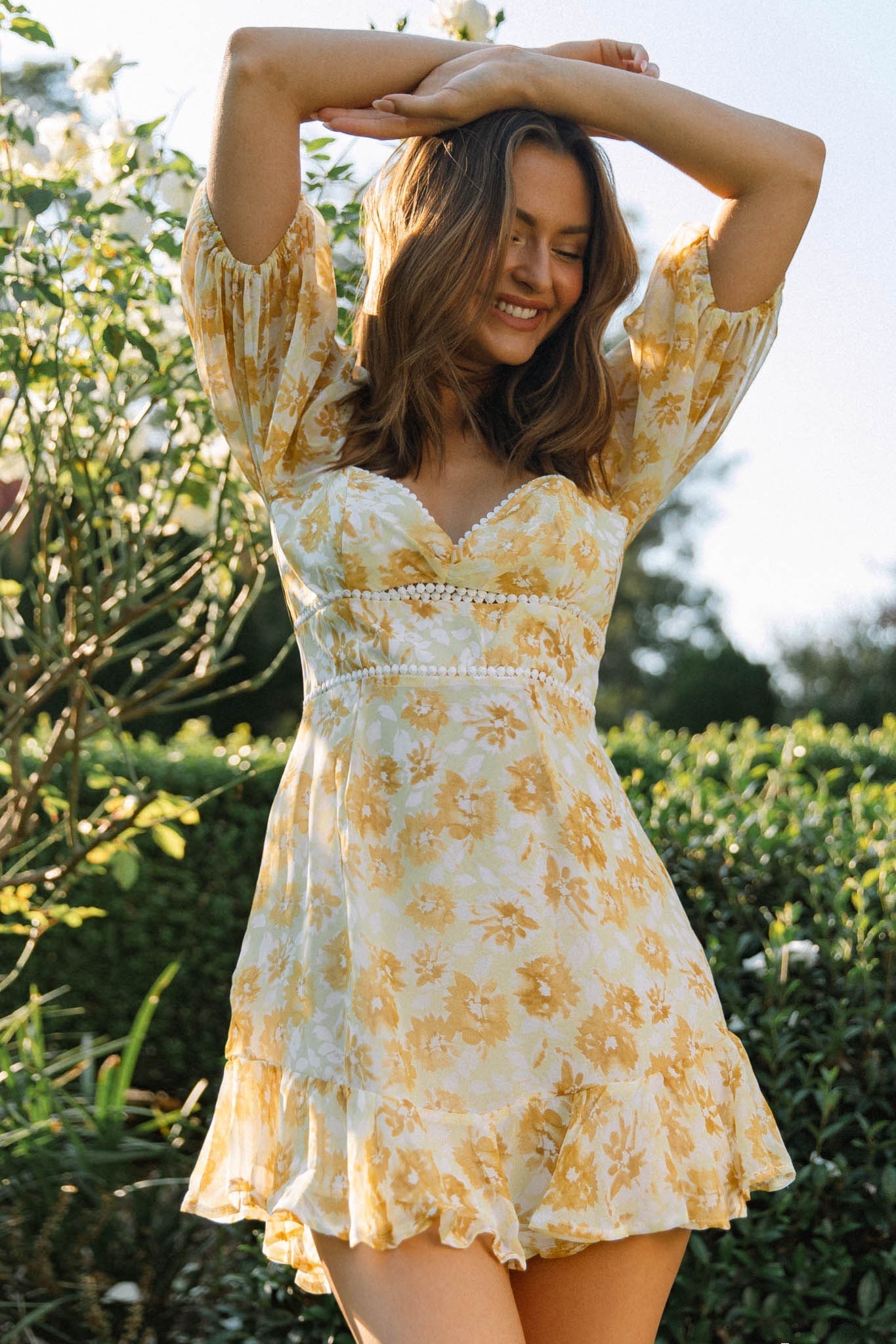 Catch Feelings Sweetheart Neckline Dot Trim Dress Floral Print Yellow