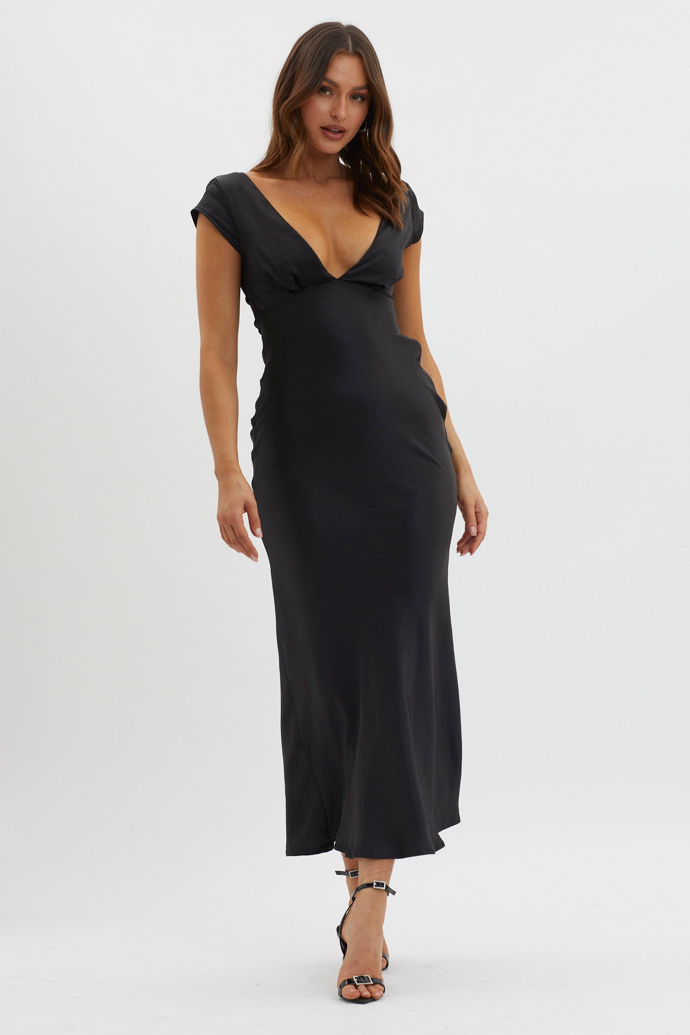 Lucinda V-Neck Twist Back Midi Dress Black