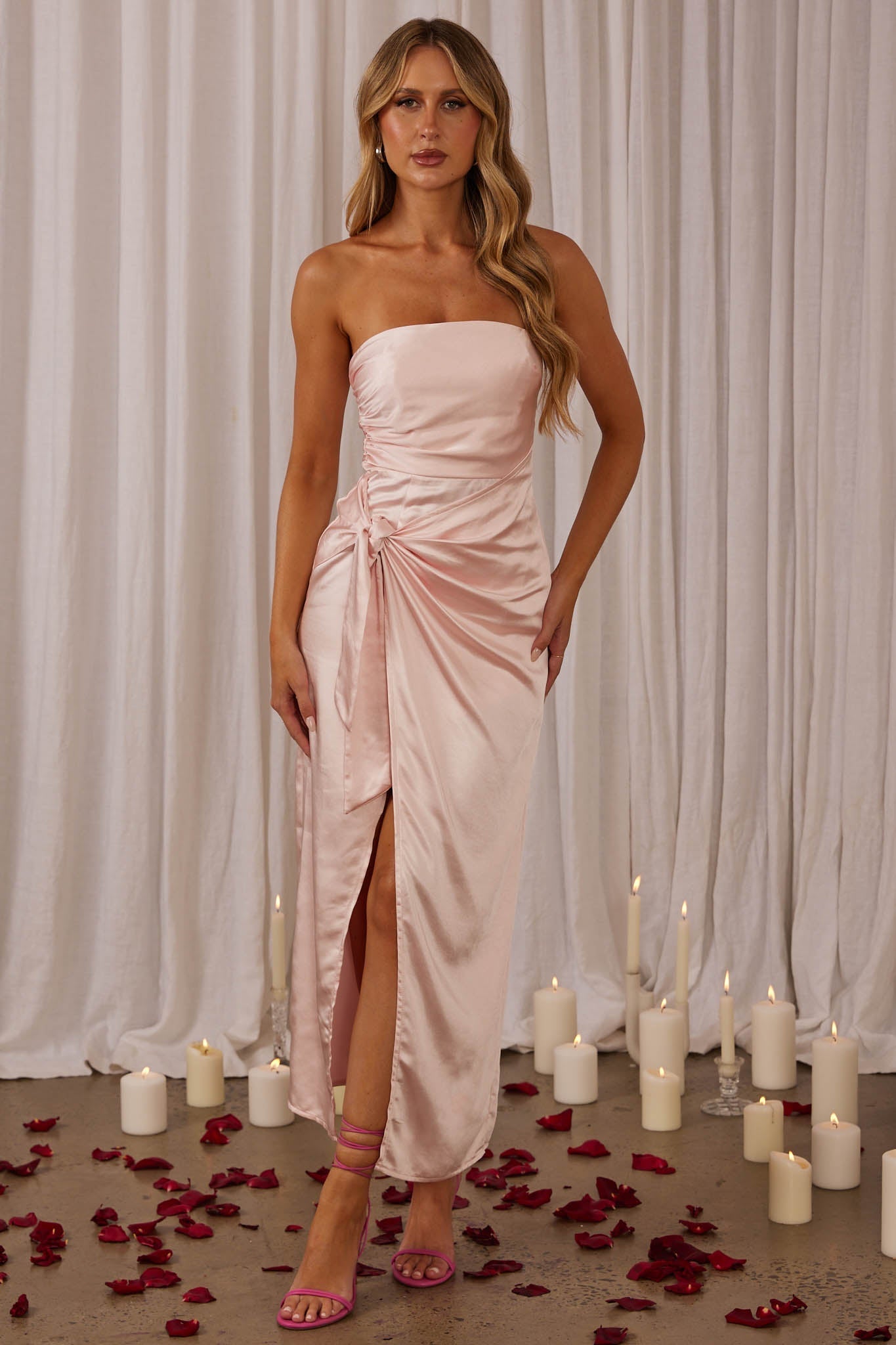 Gianna Strapless Waist Tie Midi Dress Blush