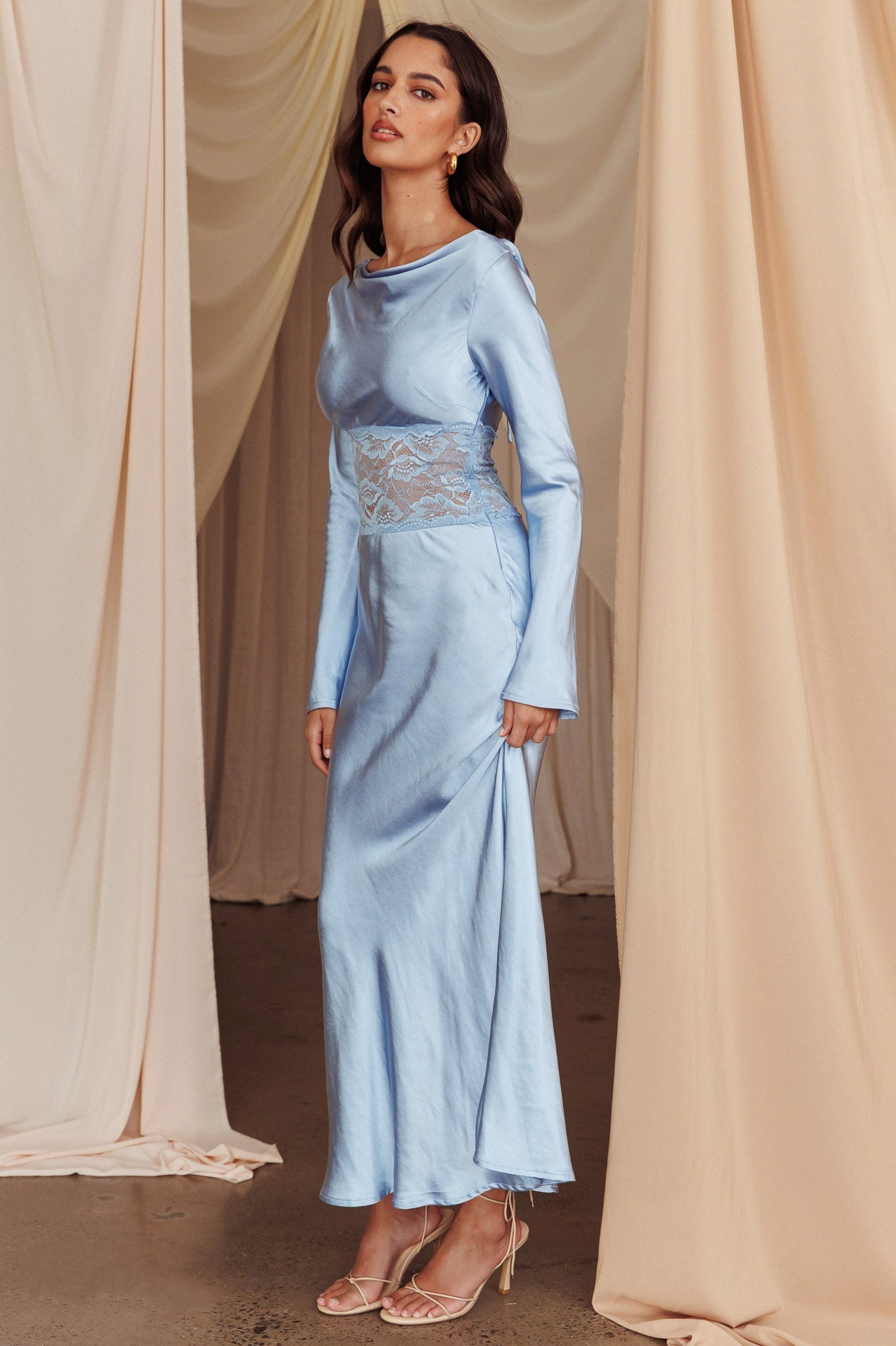 Loveland Lace Insert Cowl Back Dress Blue