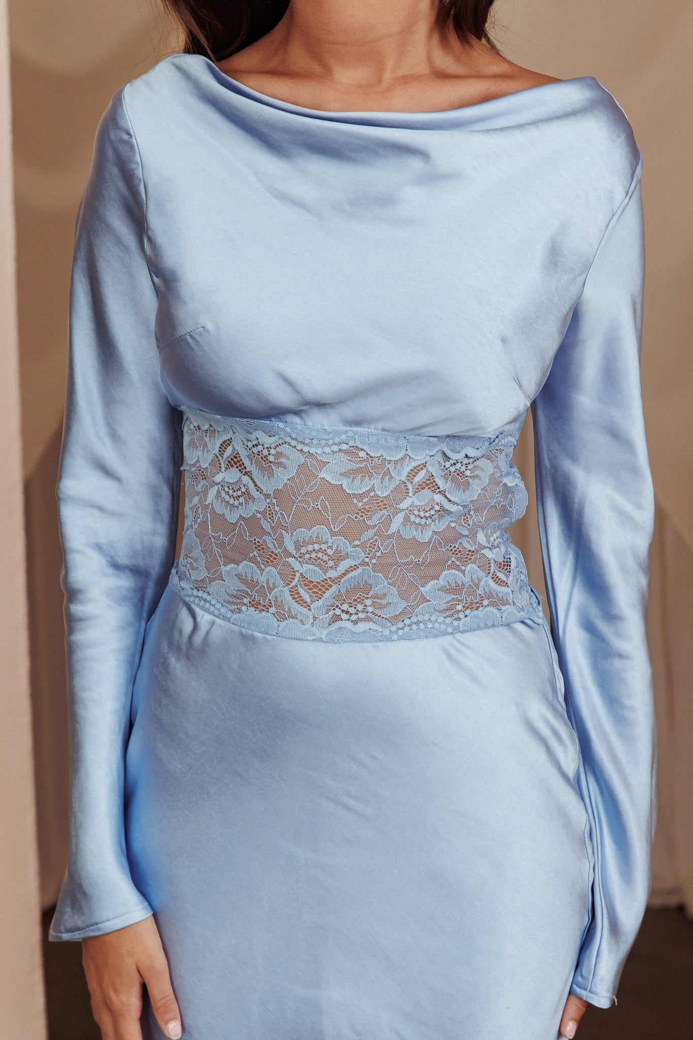 Loveland Lace Insert Cowl Back Dress Blue