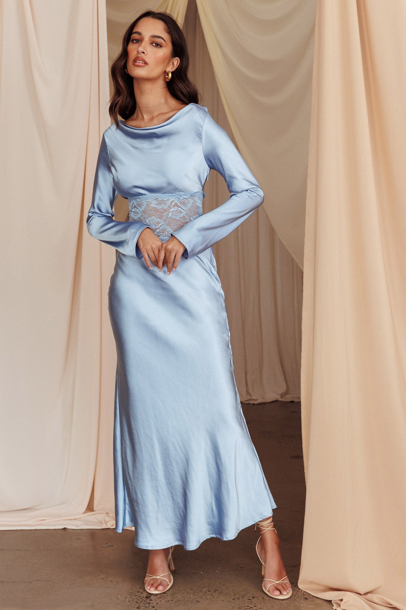 Loveland Lace Insert Cowl Back Dress Blue