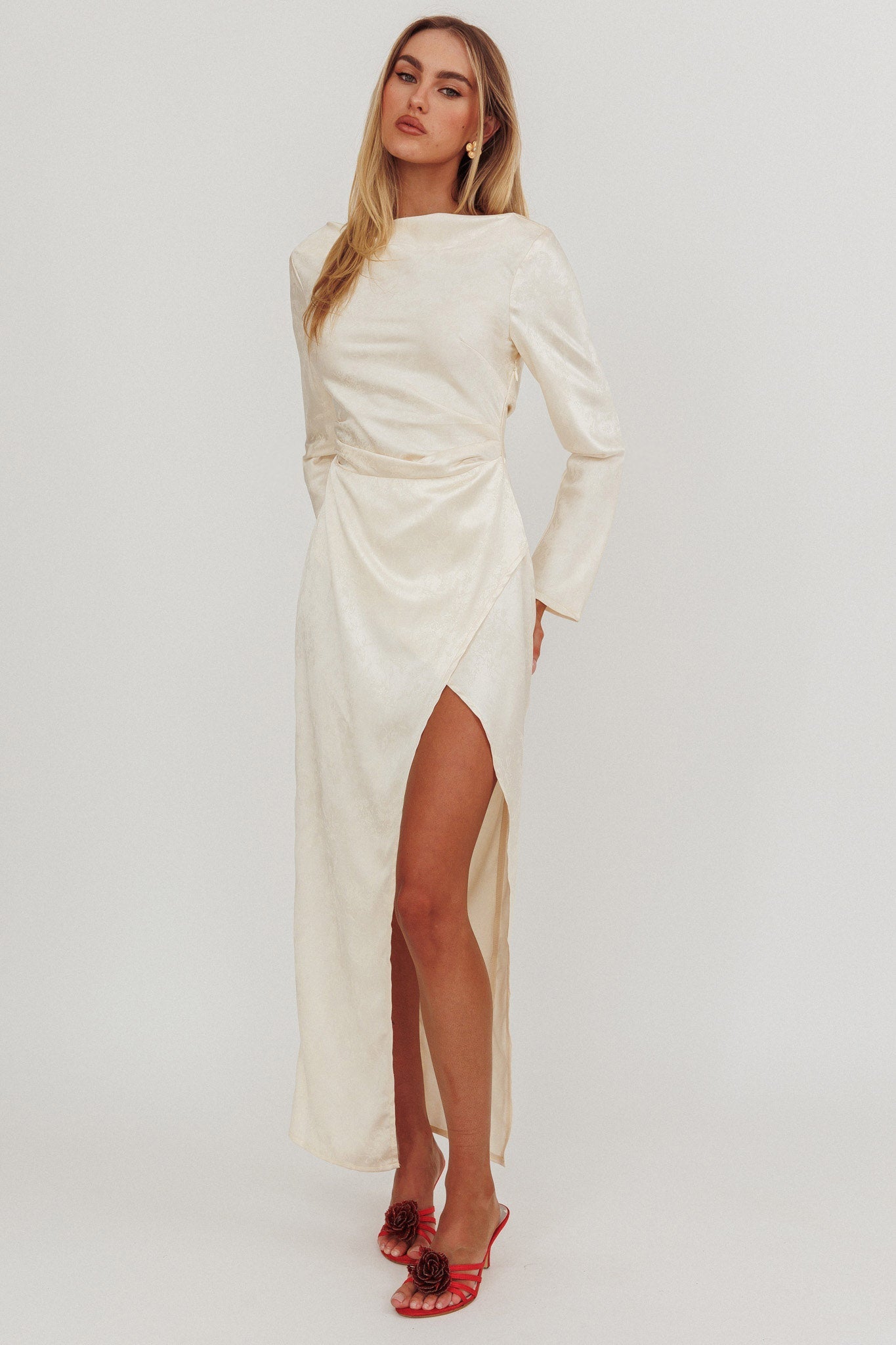 Loveland Long Sleeve Cowl Back Maxi Dress Beige