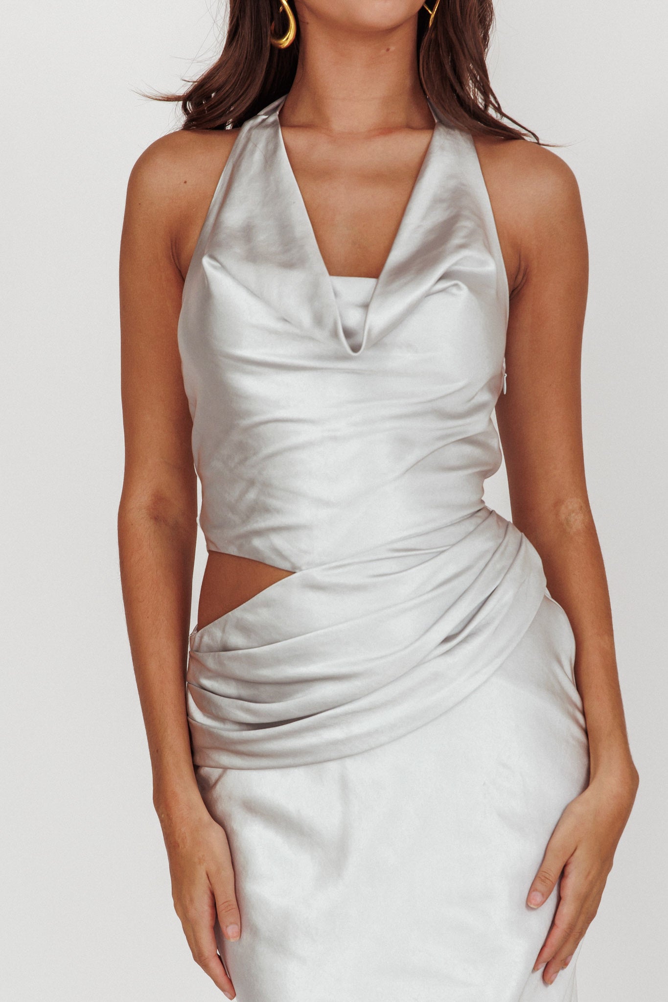 Cassiopeia Cowl Halter Neck Cut Out Maxi Dress Opal