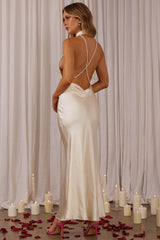 Italia Azure Halterneck Pearl Back Maxi Dress Oyster