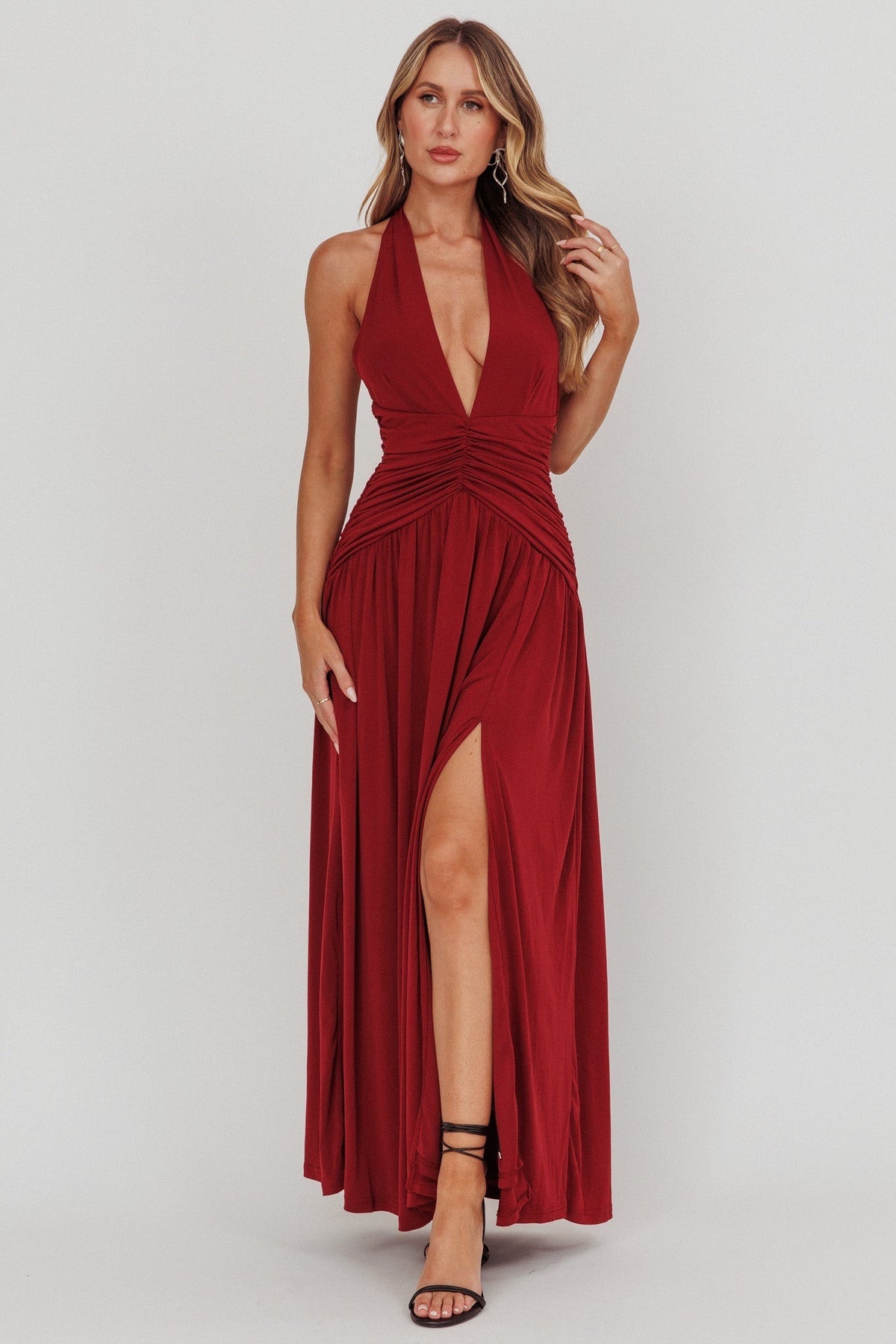 Italia Azure Gathered Waist Maxi Dress Wine