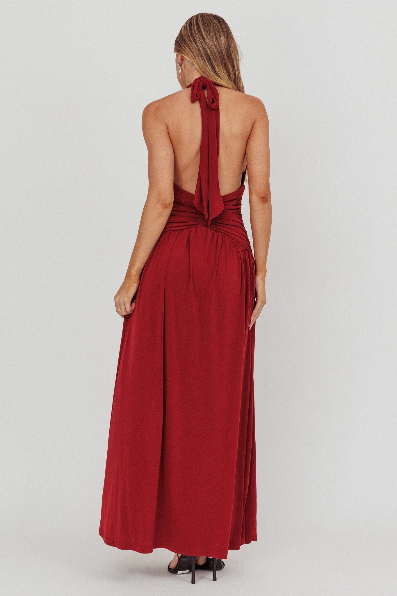 Italia Azure Gathered Waist Maxi Dress Wine