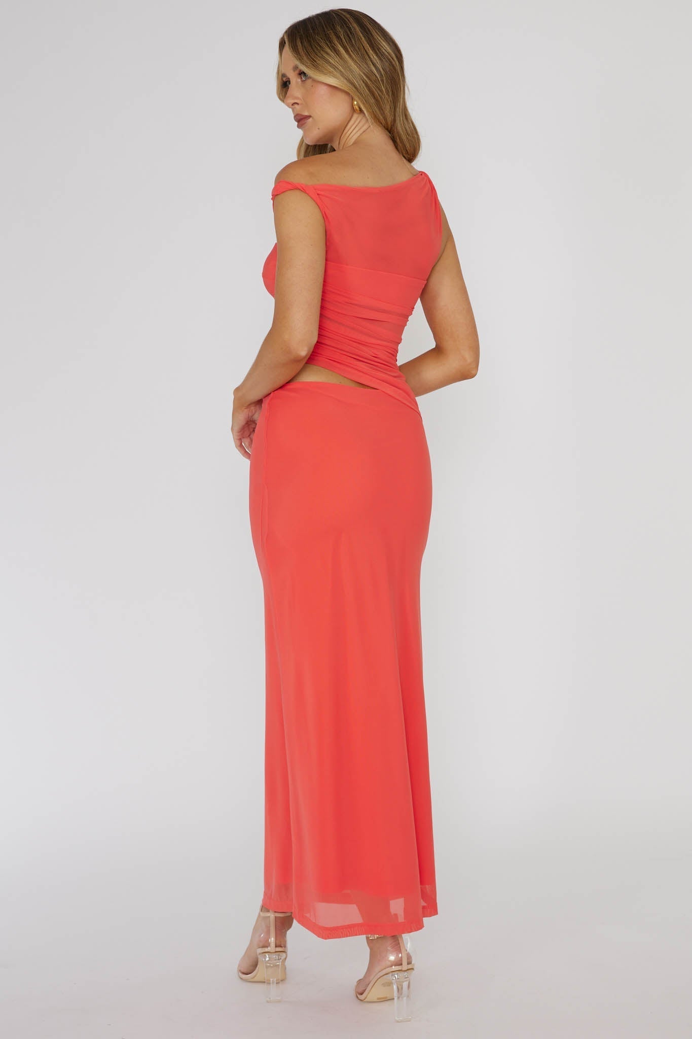 Lorely Ruched Bodice Twist Strap Midi Dress Watermelon