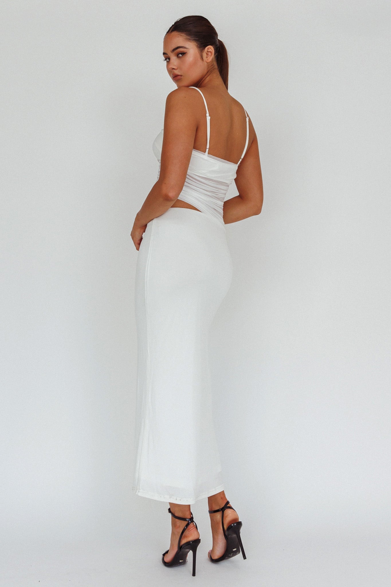 Lorely Ruched Bodice Midi Dress Vanilla