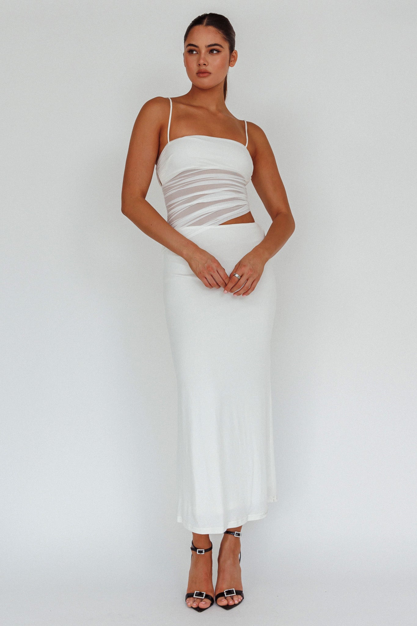 Lorely Ruched Bodice Midi Dress Vanilla