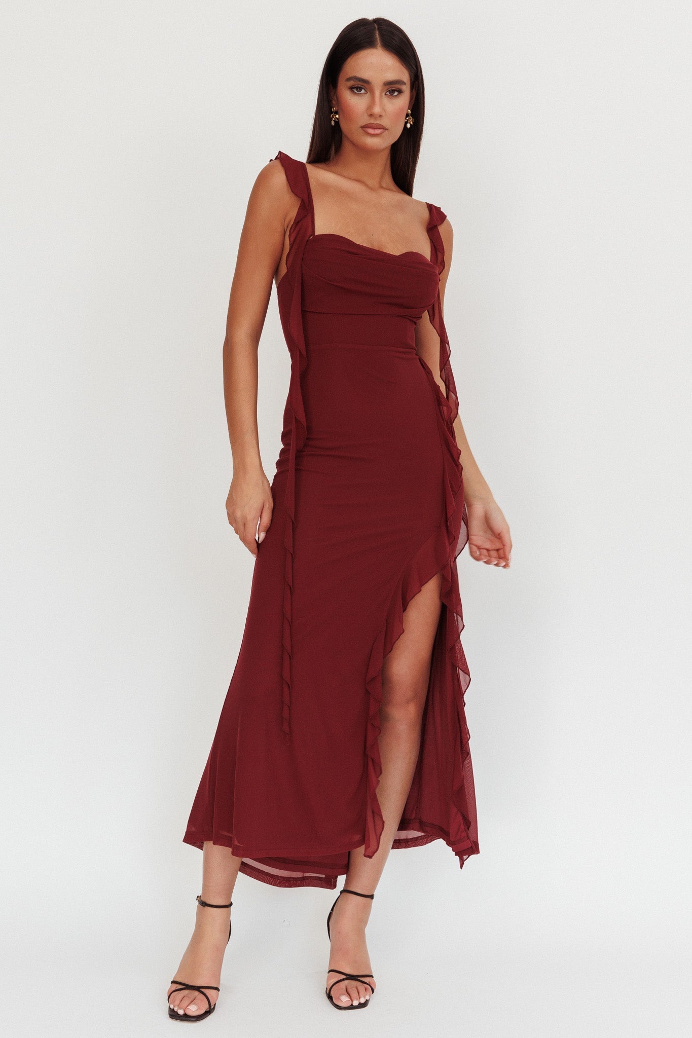 Blushing Ruffle Trim Maxi Dress Wine