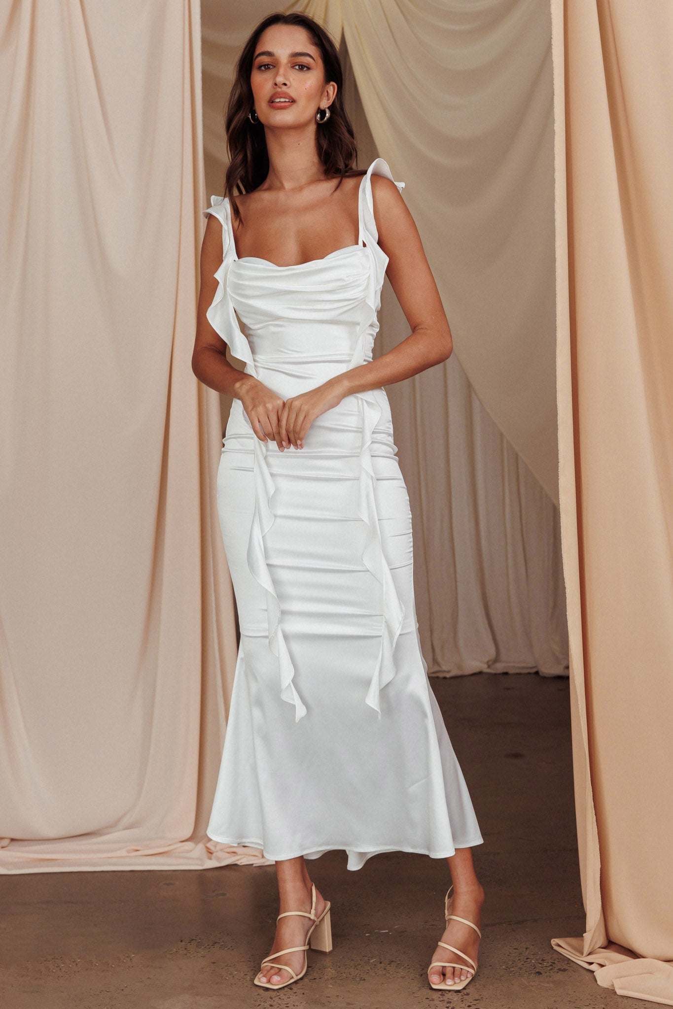 Blushing Ruffle Trim Midi Dress Oyster