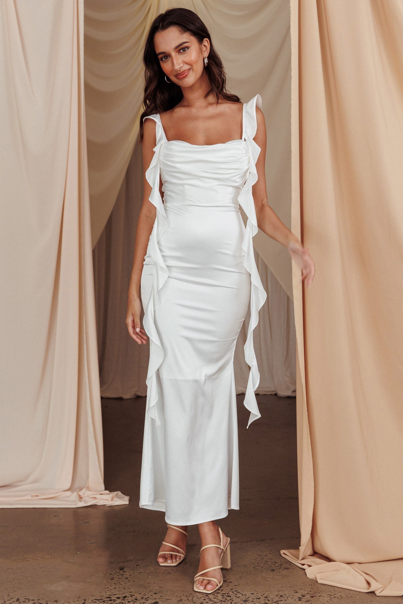 Blushing Ruffle Trim Midi Dress Oyster