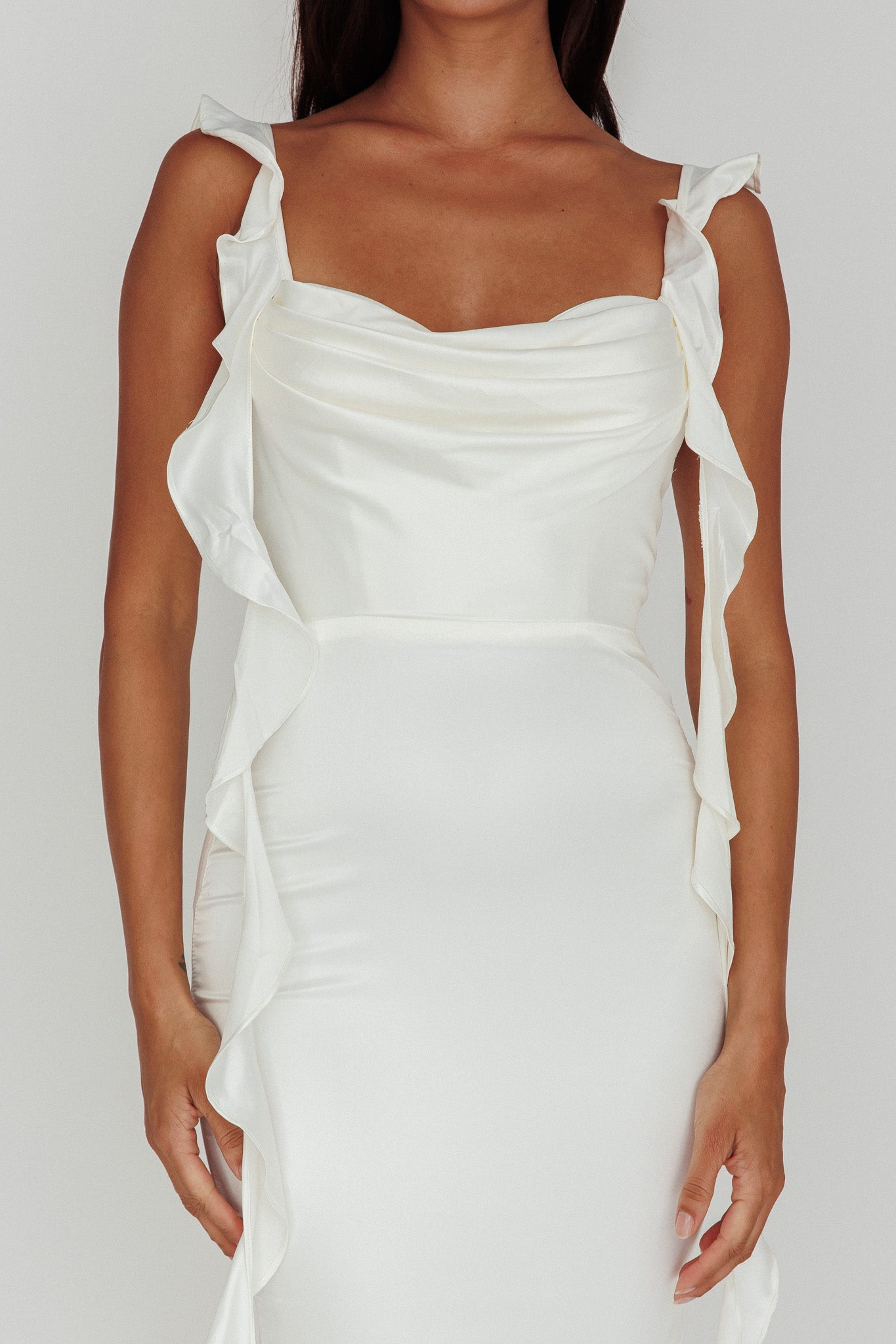 Blushing Ruffle Trim Midi Dress Oyster