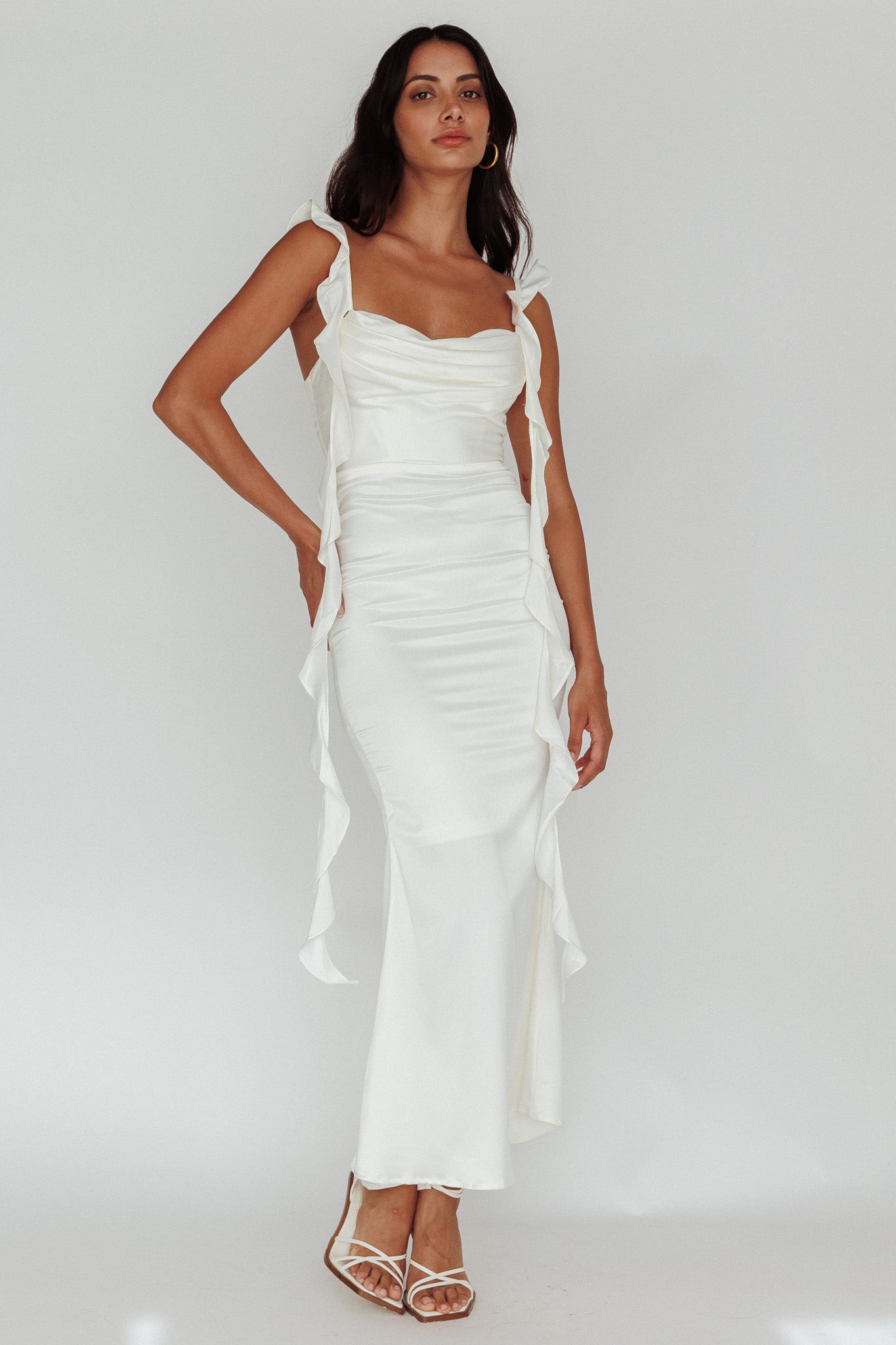 Blushing Ruffle Trim Midi Dress Oyster