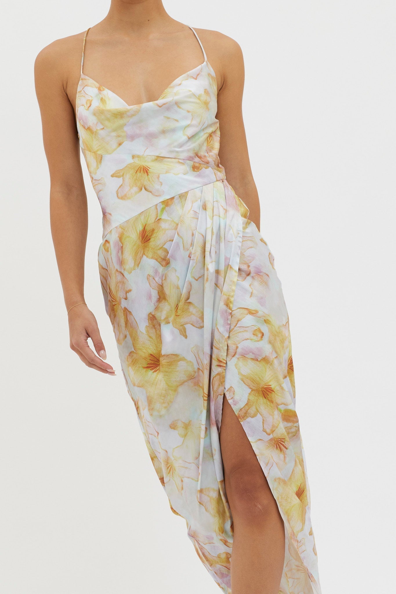 Erryn Tied Back Split Midi Dress Yellow