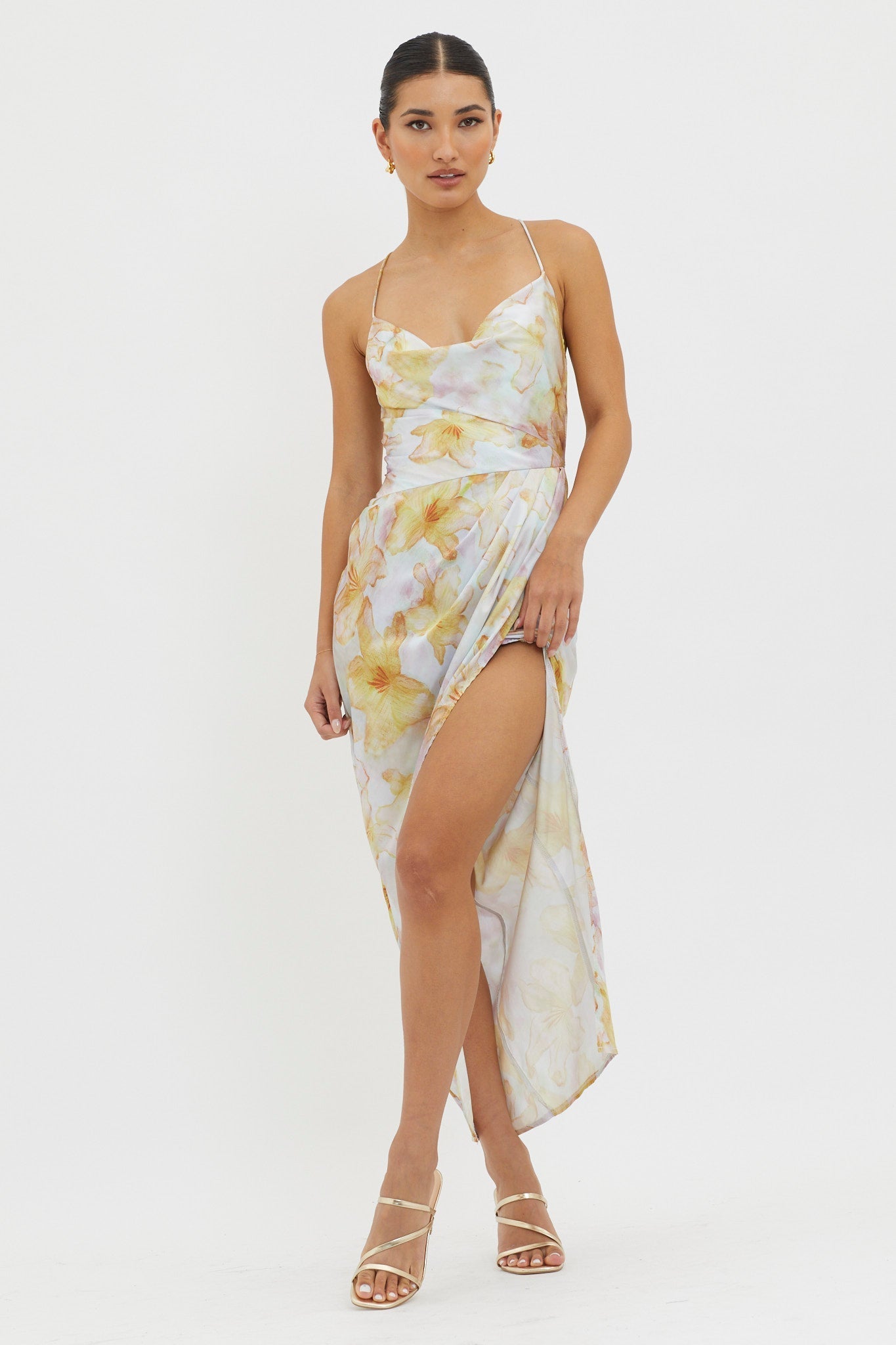 Erryn Tied Back Split Midi Dress Yellow