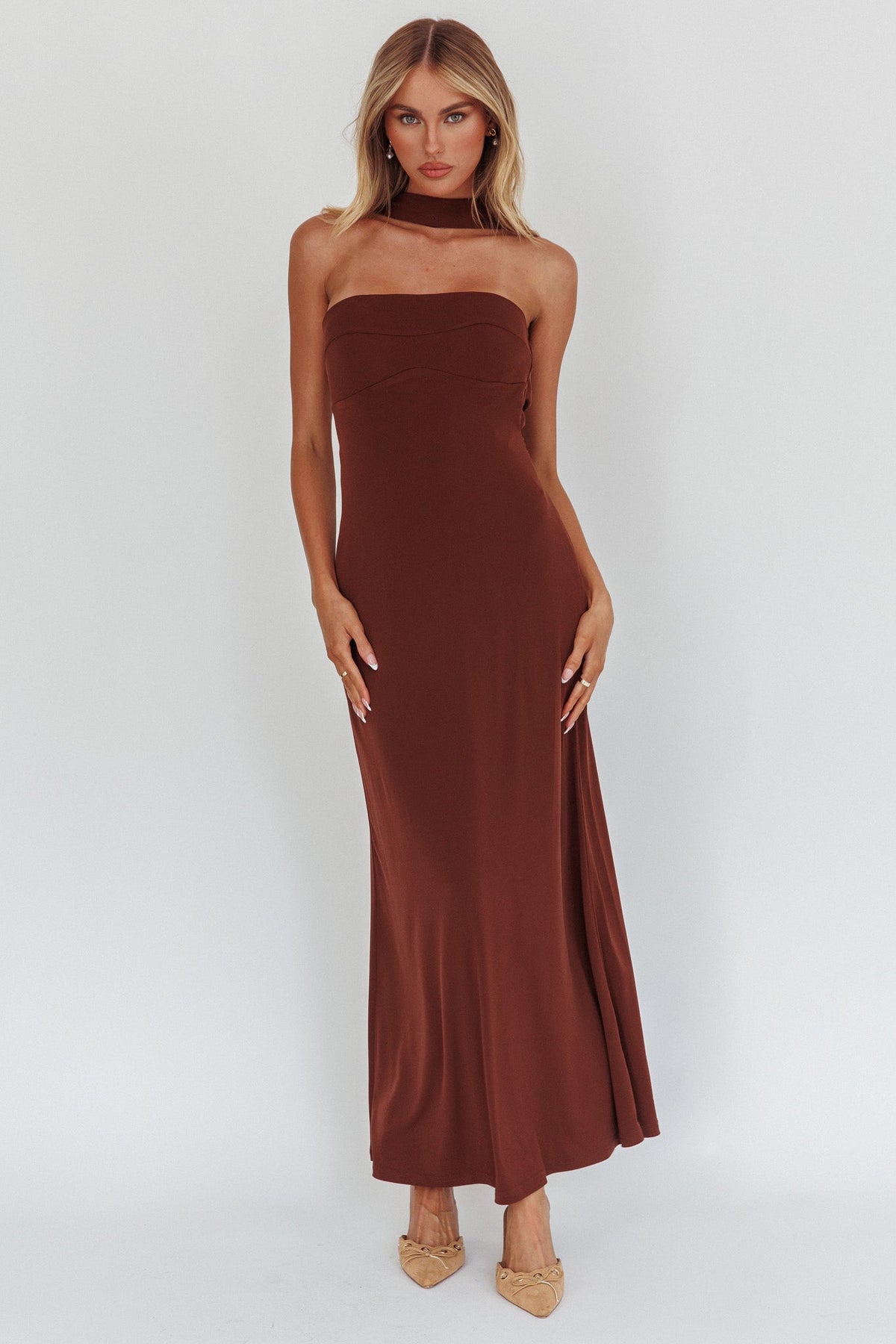 Damsel Reverse Halter Maxi Dress Chocolate