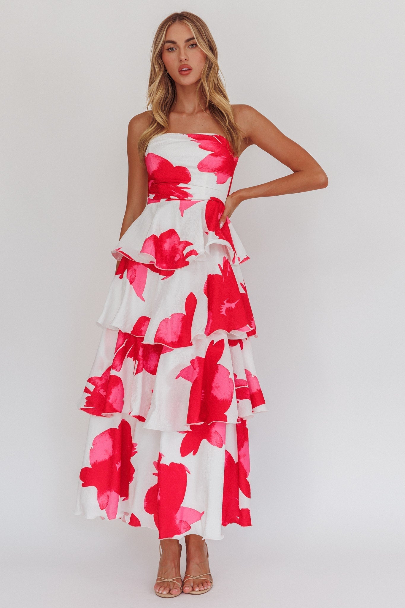 Giavana Strapless Layered Midi Dress Floral Red