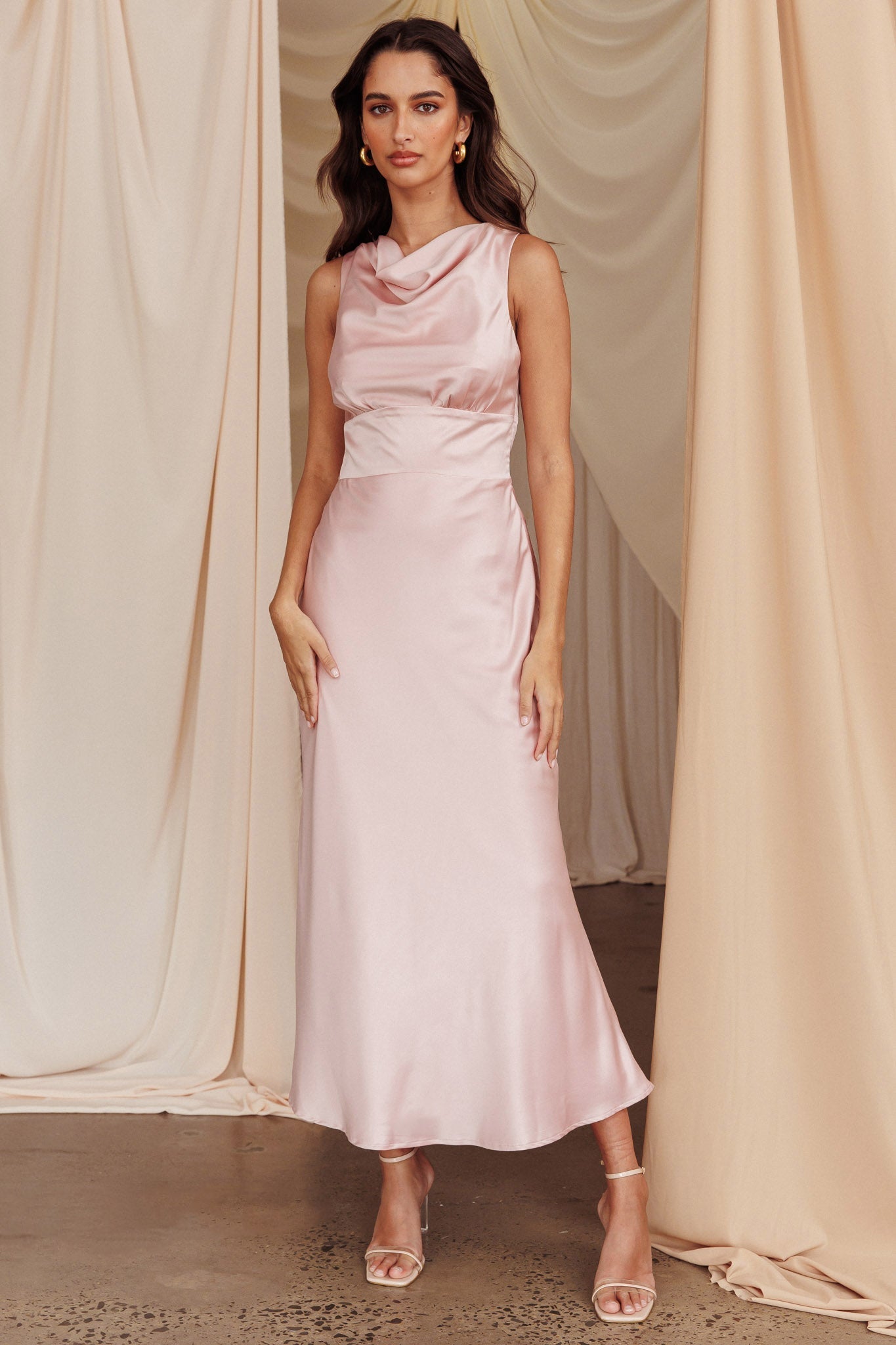 Fluttering Hearts Cowl Neck Sleeveless Midi Dress Blush