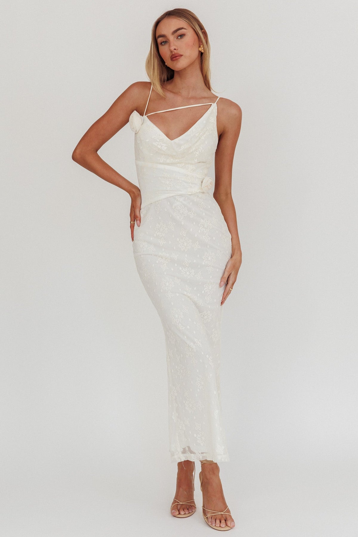 Golden Glow Rosette Cowl Neck Maxi Dress Beige