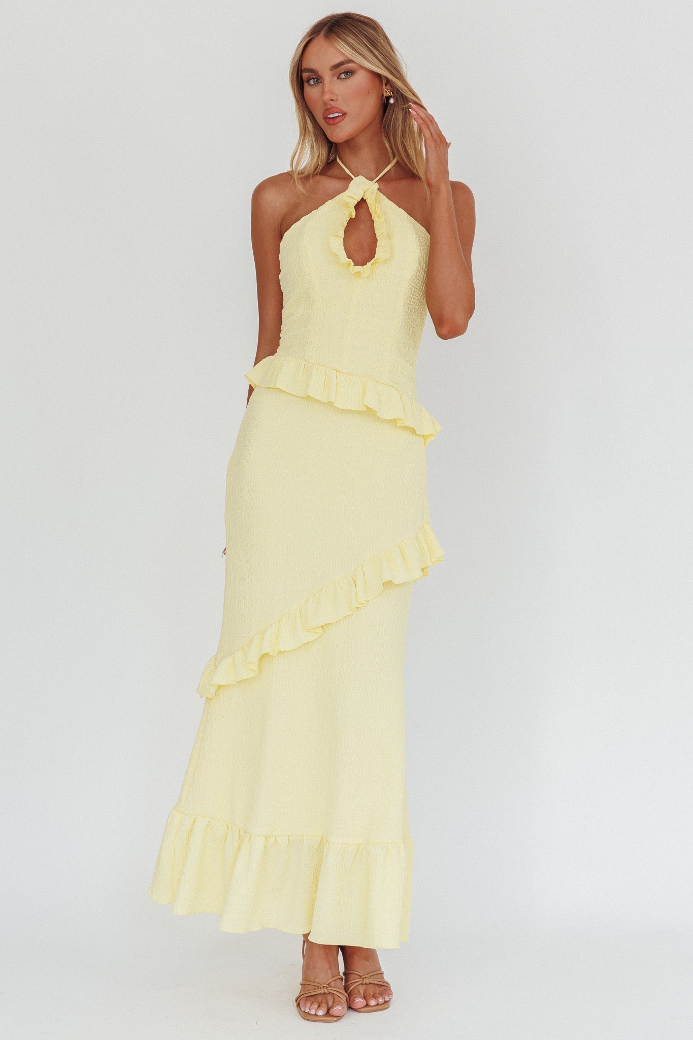 Clemence Smocked Frill Trim Maxi Dress Lemon