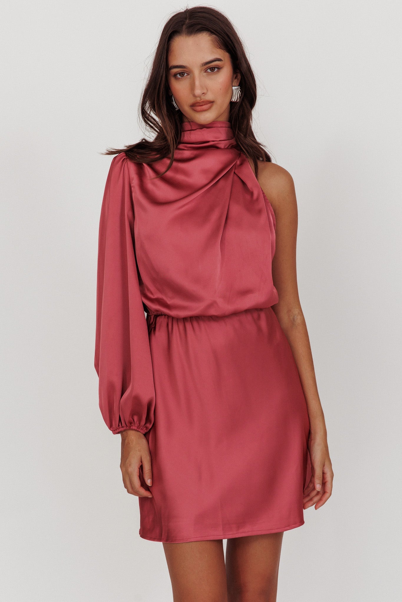 Can't Compete One Sleeve Satin Mini Dress Dusty Pink