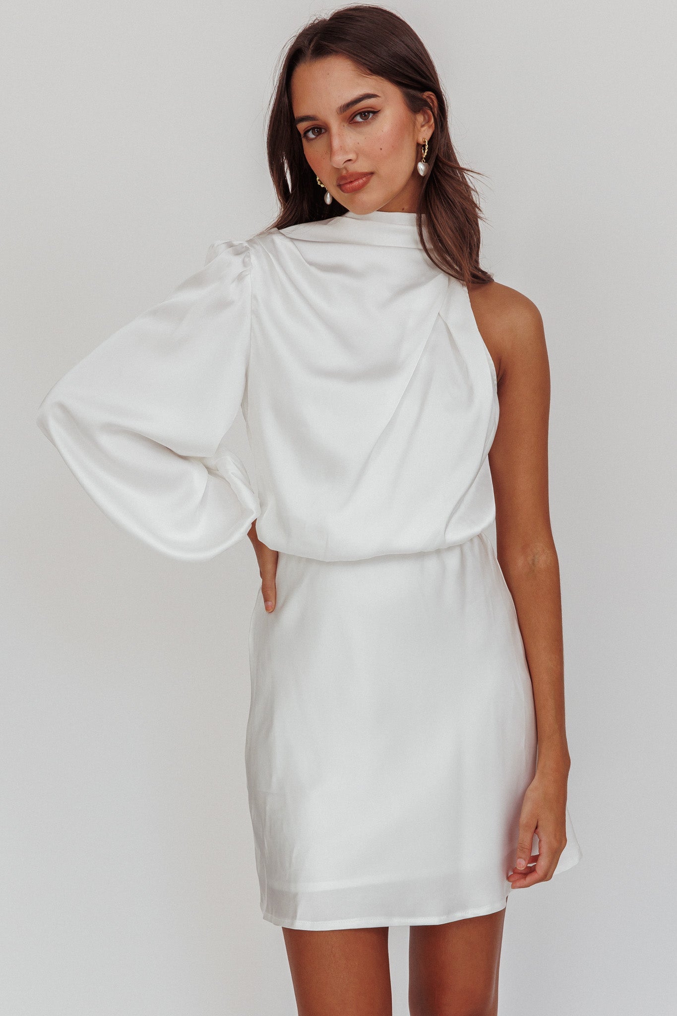 Can't Compete One Sleeve Mini Dress Off White