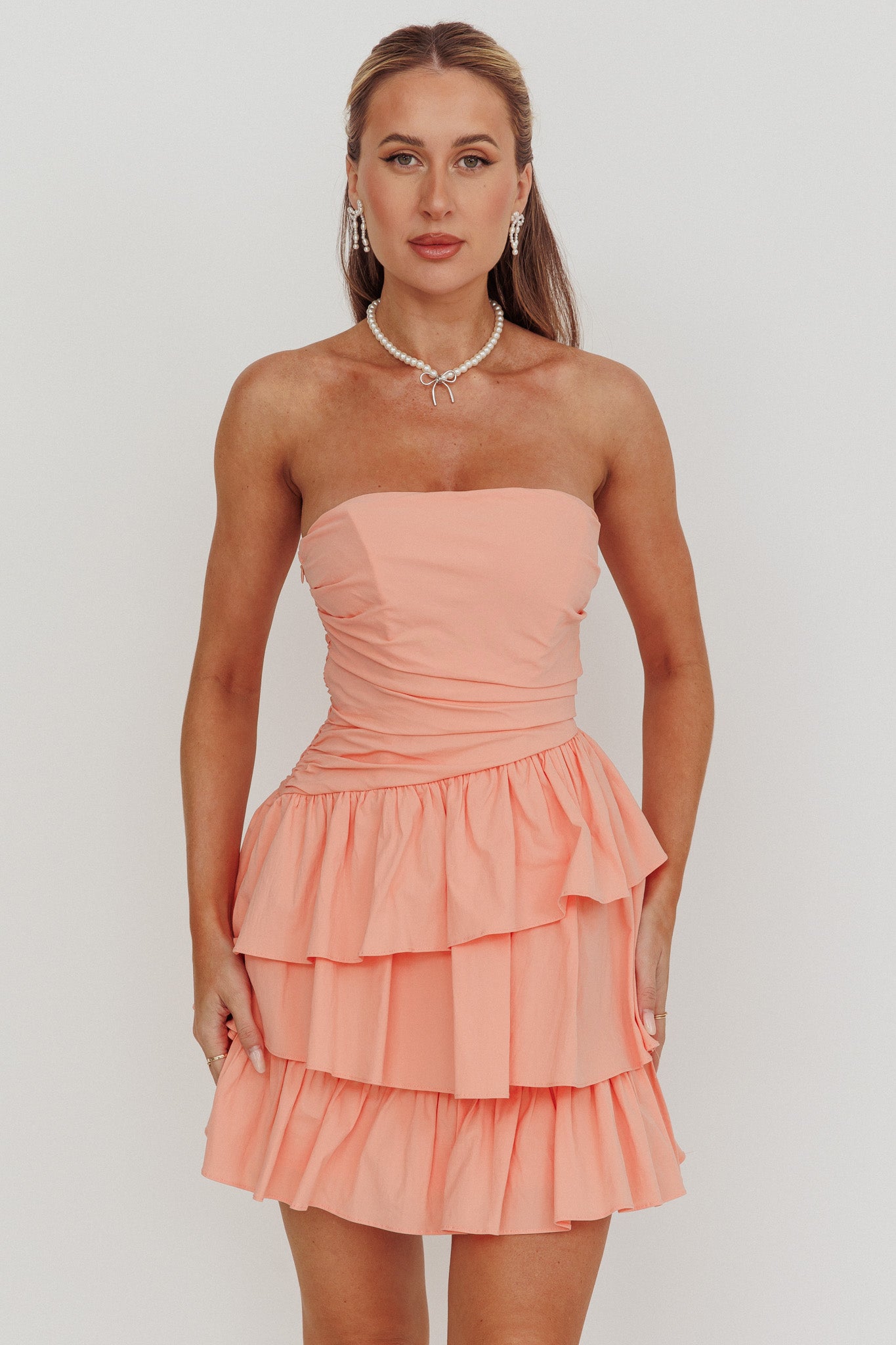 Destini Strapless Layered Frill Mini Dress Blush