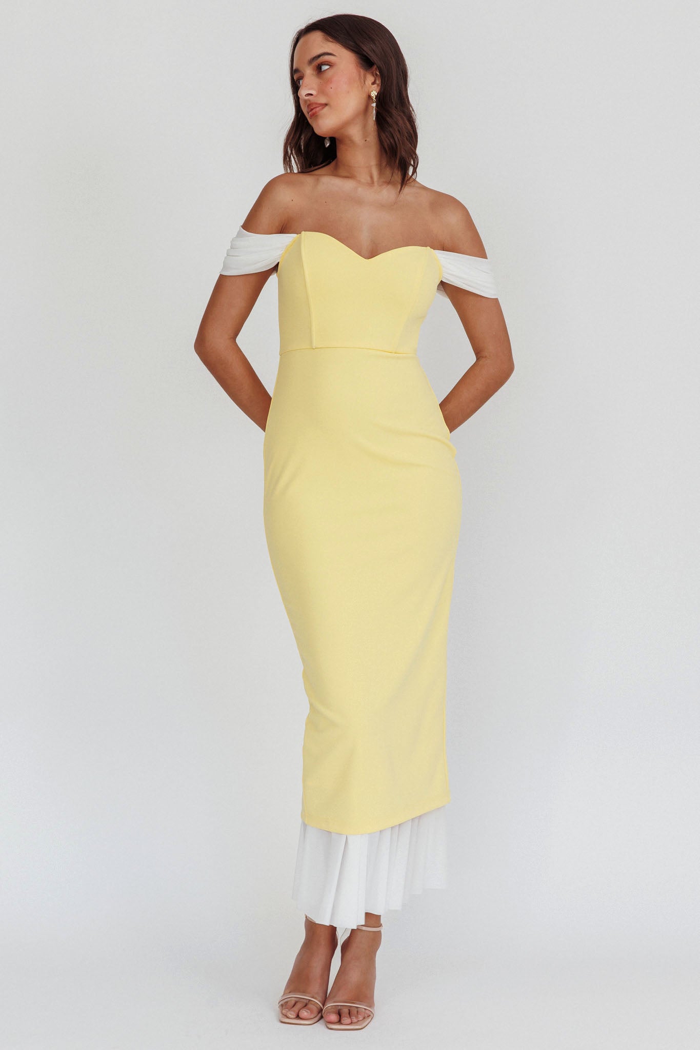 Freesia Off Shoulder Bodycon Midi Dress Lemon