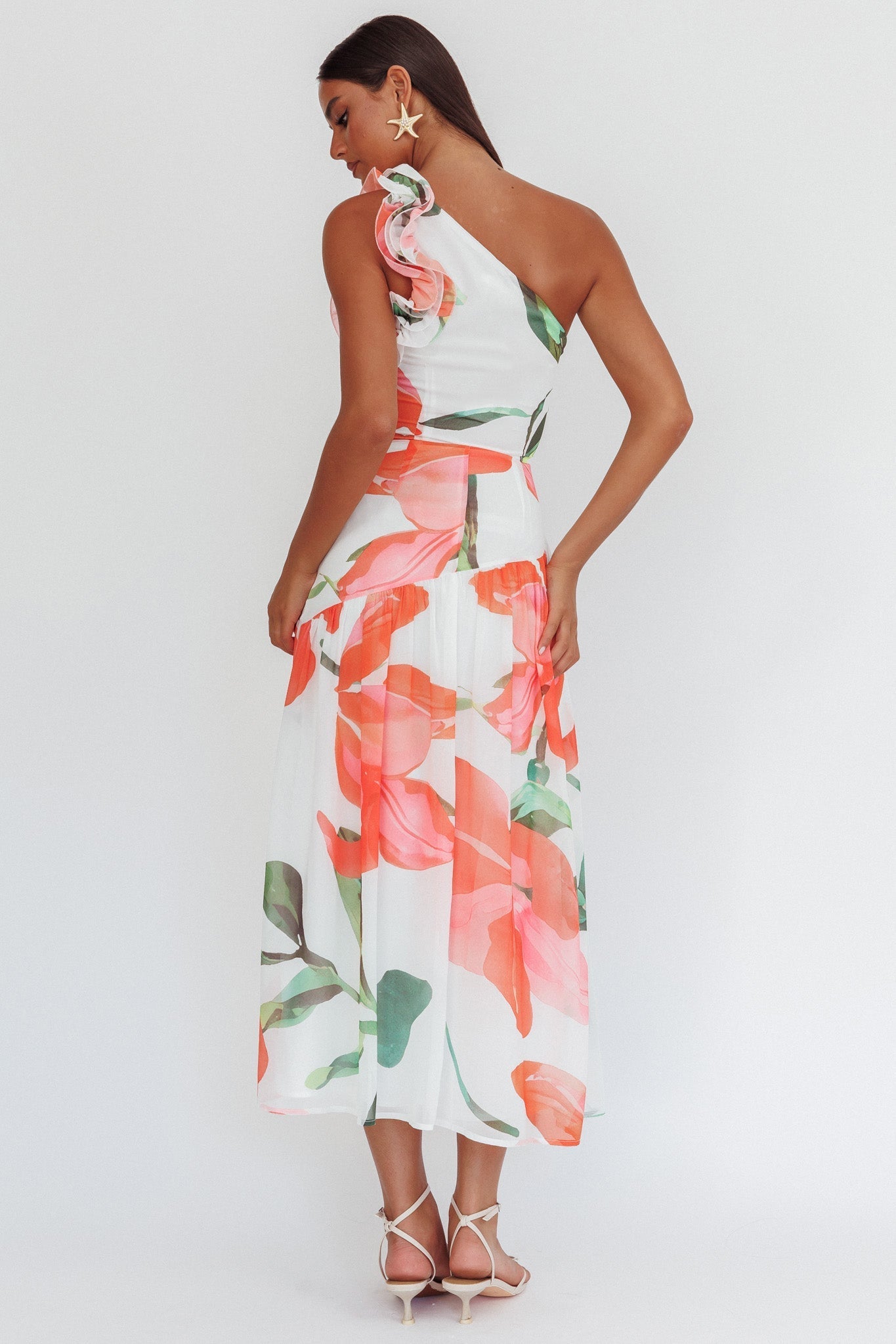 Kinley One-Shoulder Ruffle Maxi Dress Floral Red
