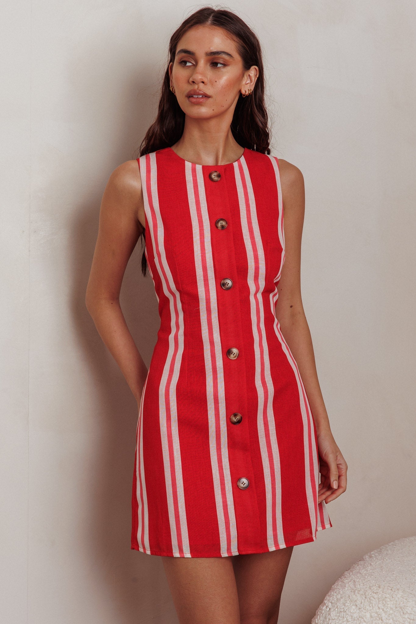 Kalena Faux Placket Mini Dress Stripe Red