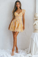 Lola Ruffle Shoulder Ruched Dress Floral Print Yellow