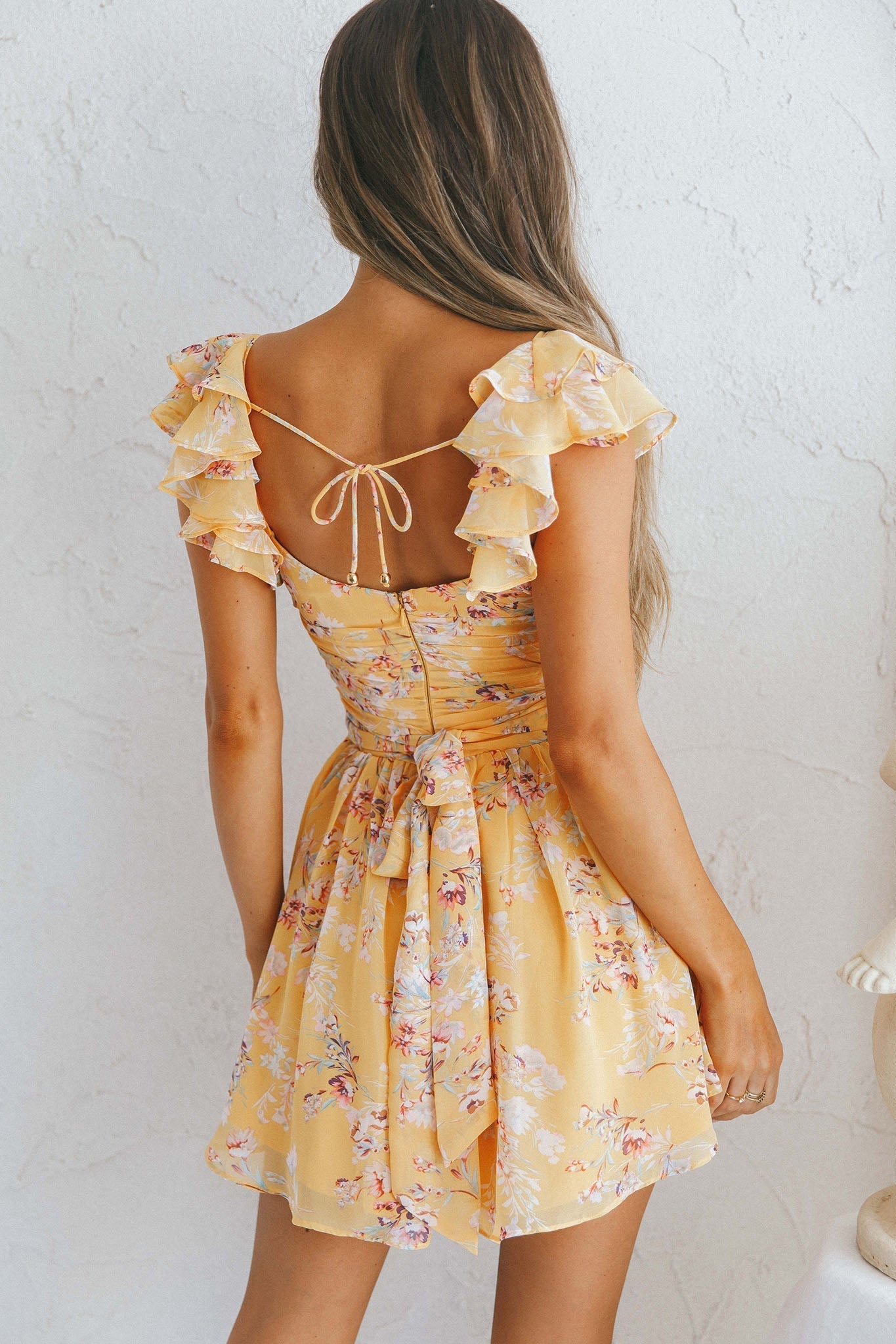 Lola Ruffle Shoulder Ruched Dress Floral Print Yellow