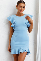 Cupid's Bow Ruffle Shoulder Bodycon Dress Baby Blue