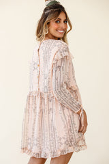 Marion Long Sleeve Shift Dress Vintage Floral Print Nude