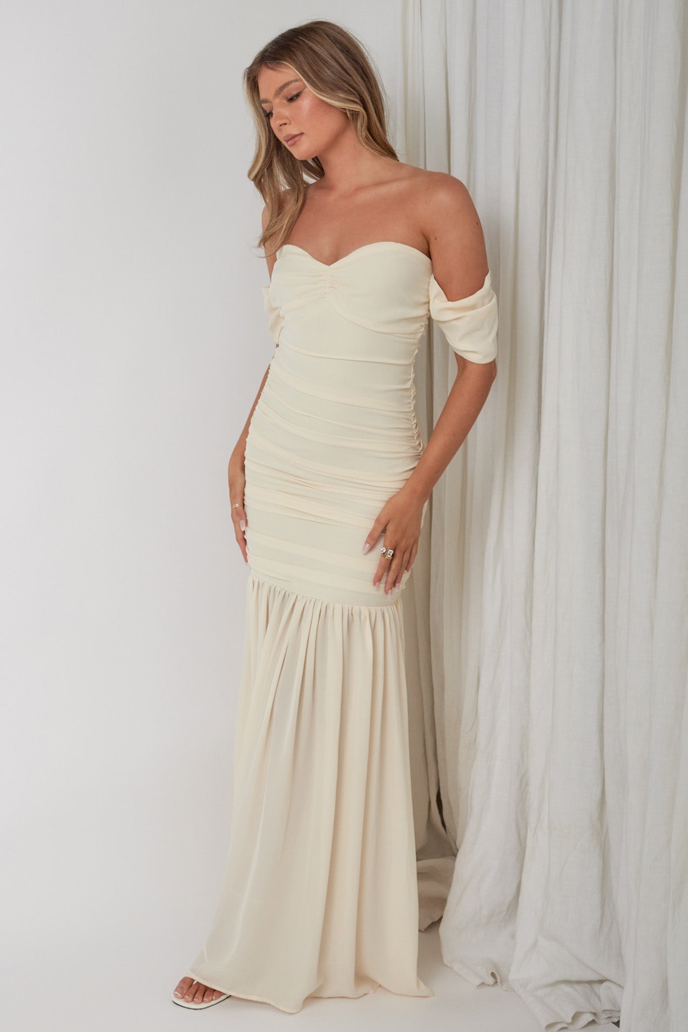 Dalisha Off Shoulder Ruched Maxi Dress Cream