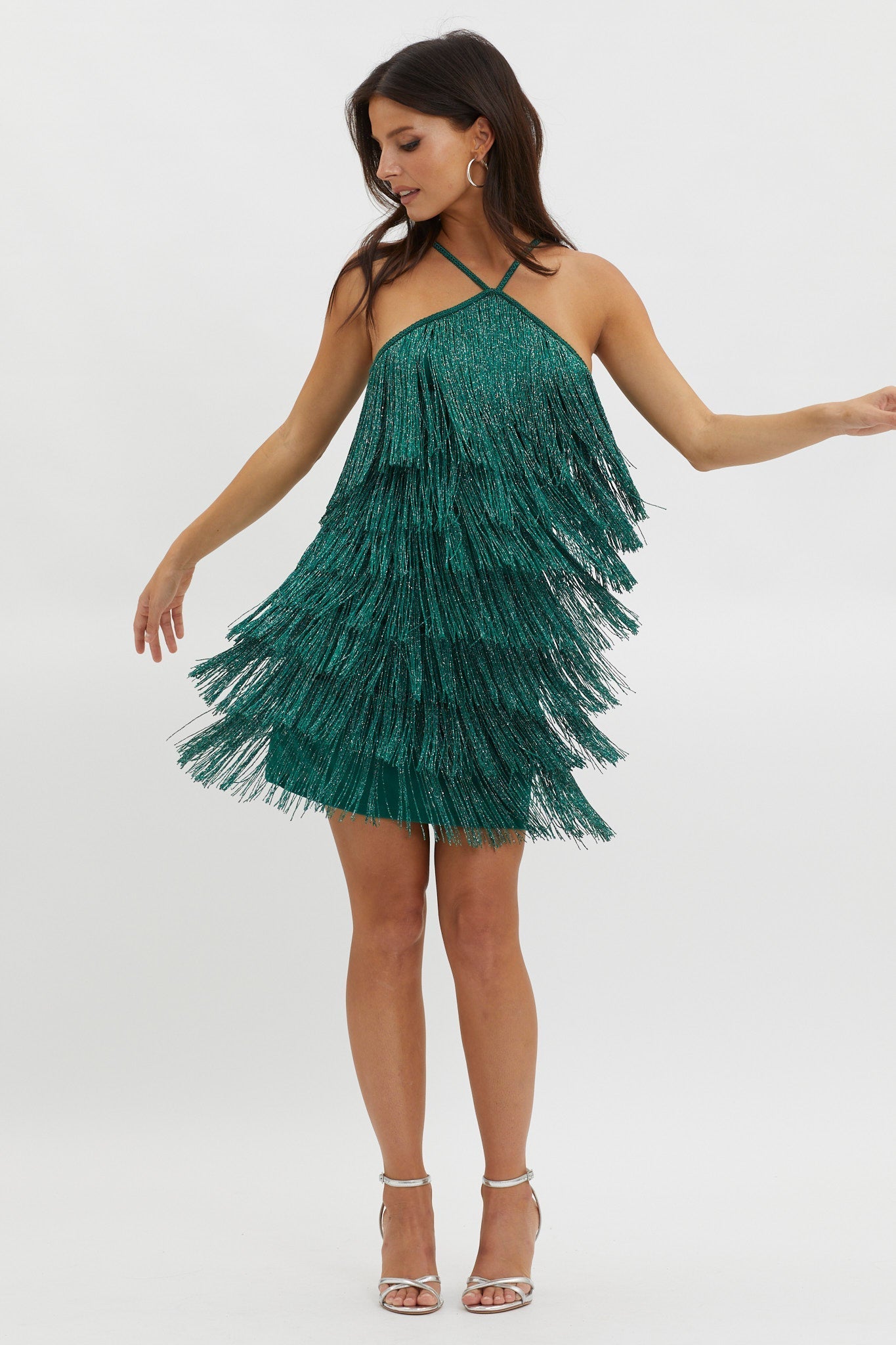 Boulevarde Fringe Trim Mini Dress Dark Green