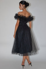 May Rose Off-Shoulder Tulle Midi Dress Black