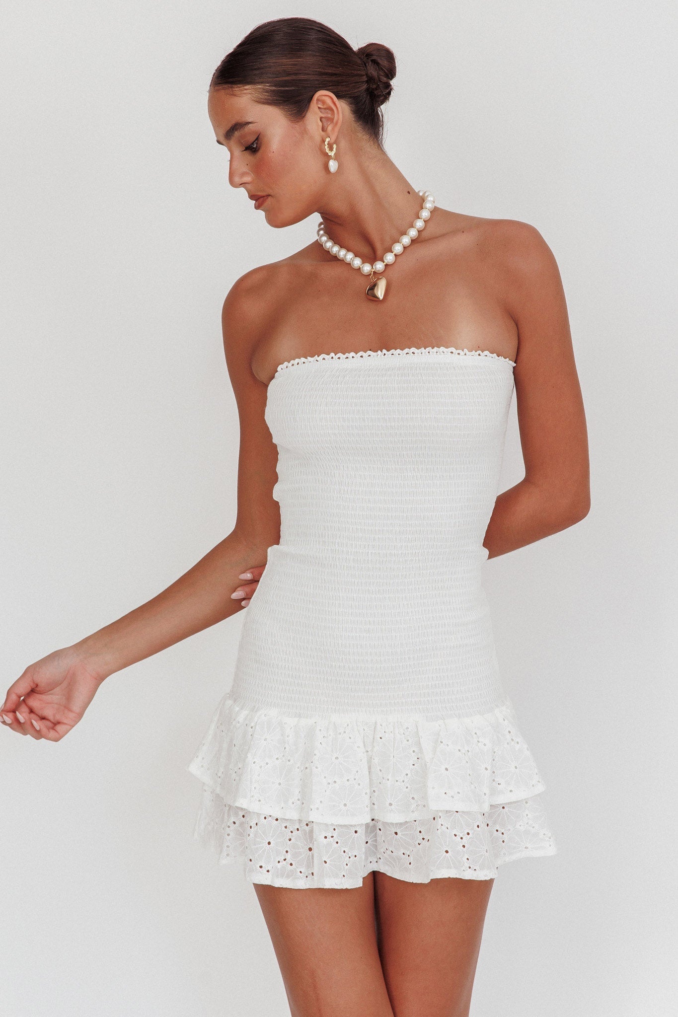 Dream Time Strapless Shirred Mini Dress Off White