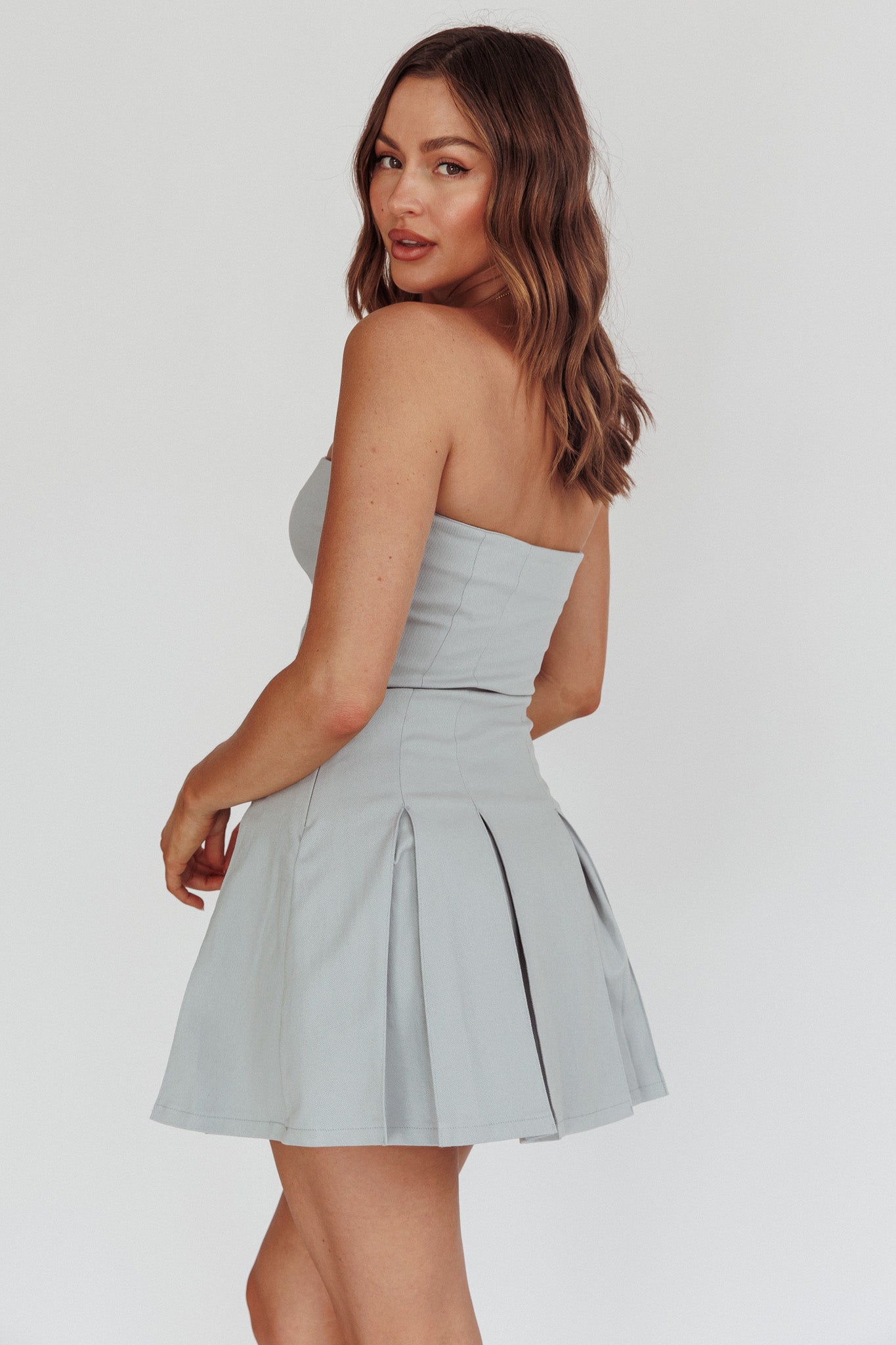 Jeziah Strapless Box Pleat Mini Dress Light Denim