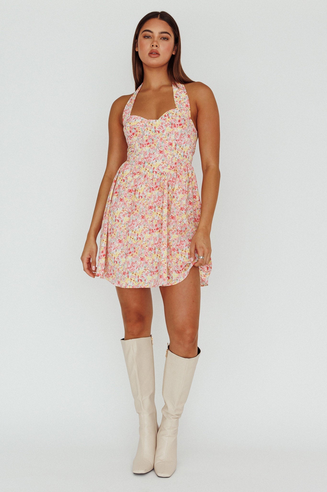 Hey Baby Halterneck Mini Dress Pink Floral