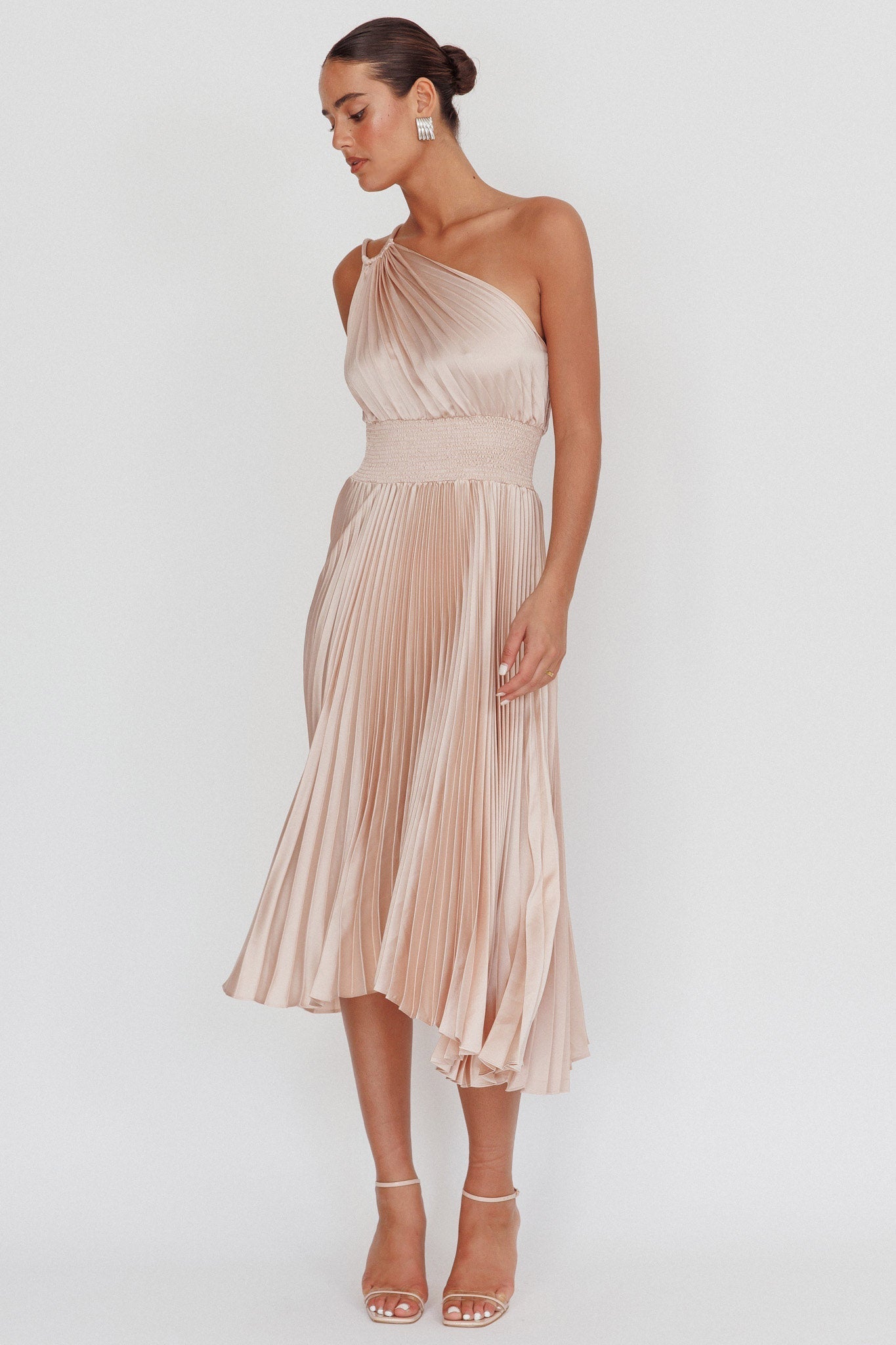 Calissa One Shoulder Pleated Midi Dress Champagne